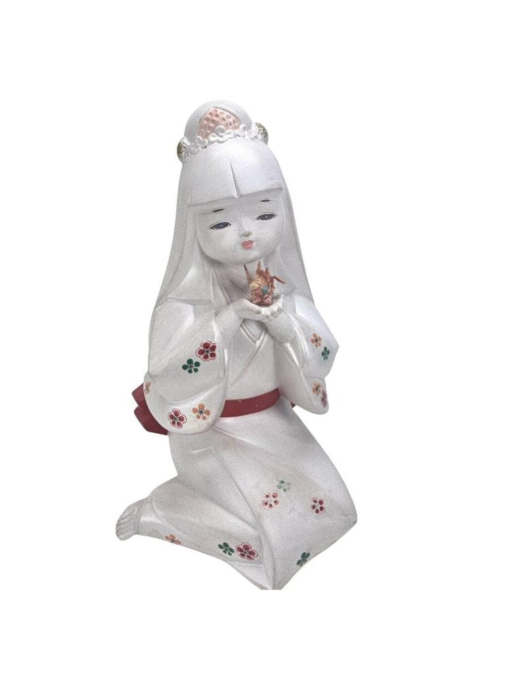 Vintage Japanese Ceramic Figurine White Kneeling Girl With Origami Crane JE370